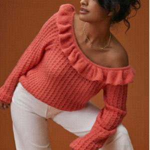 ANTHROPOLOGIE textured ruffle boat neckline off shoulder coral sweater Small
